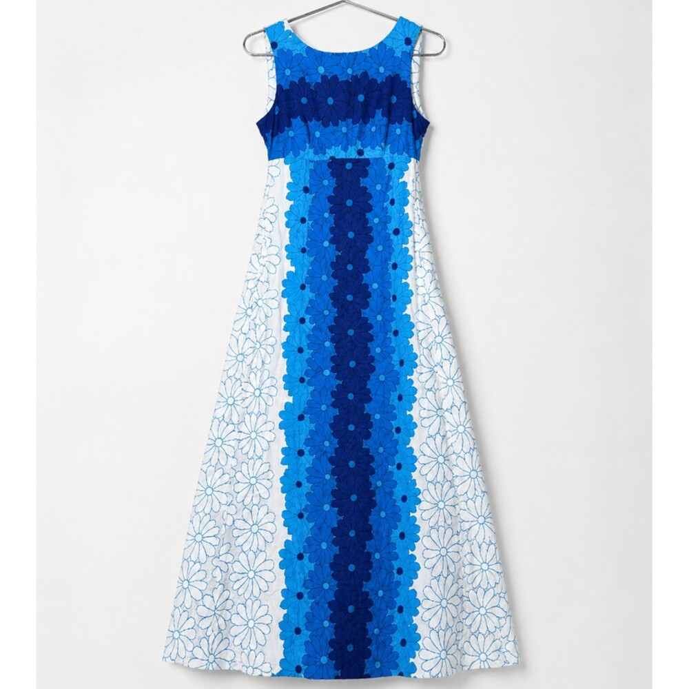 Vintage Blue White Floral Maxi Dress Sleeveless A Line Dress 60s Style Hawaii